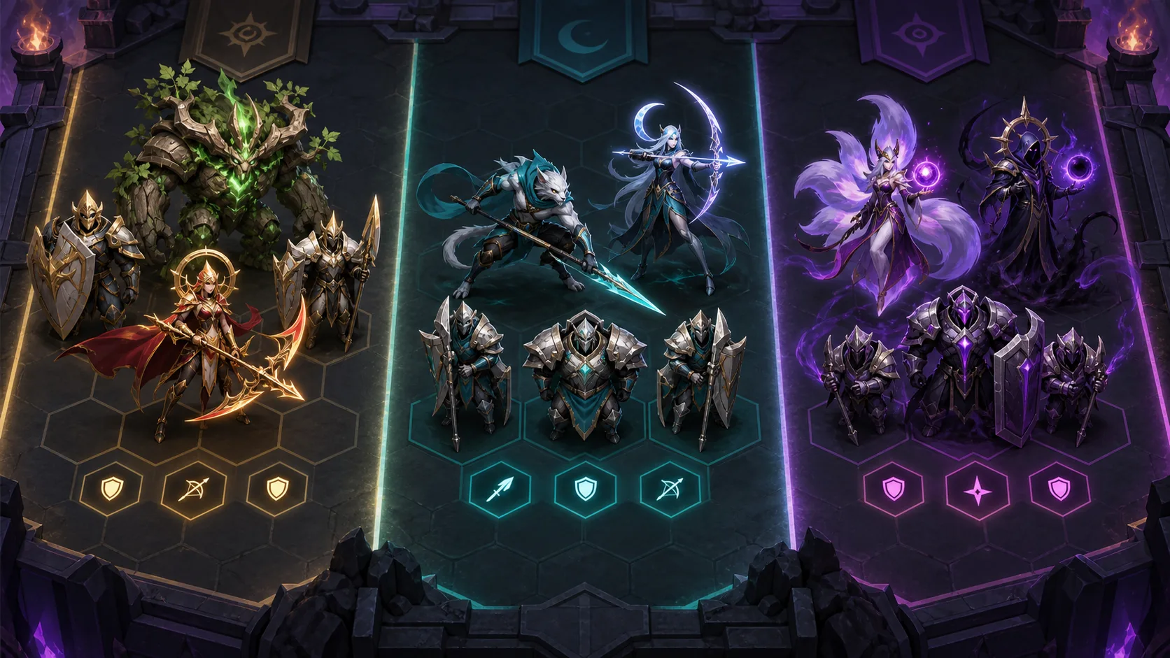 Three TFT Patch 18.2 strategy paths representing Draven Fast 9, Nidalee Aphelios, and Invoker Ahri compositions